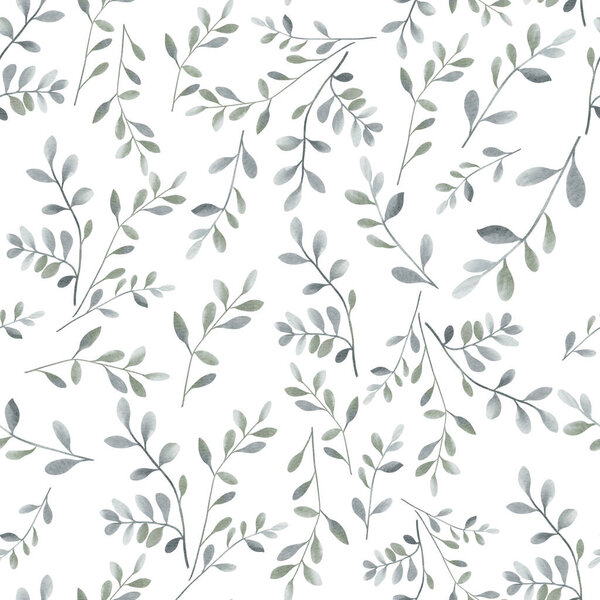 Watercolor floral background. Seamless pattern with delicate leaves in pastel green colors. Hand drawn botanical wallpaper