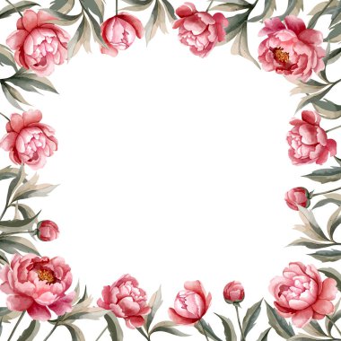 Suluboya şakayıkların kare çerçevesi. Vektör şakayık şablonu. Düğün davetiyesi, poster ve kart için.. 