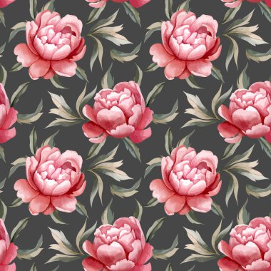 Koyu arkaplanda suluboya şakayıklar olan kusursuz bir desen. Suluboya botanik vektör arkaplanı