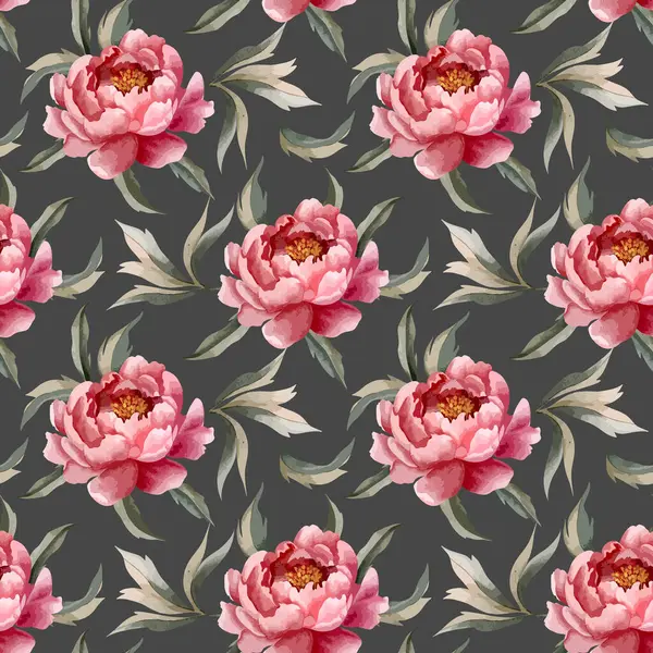 Modèle Sans Couture Avec Des Pivoines Aquarelle Sur Fond Sombre — Image vectorielle