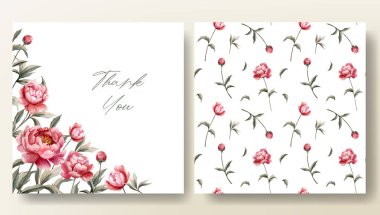 Tebrik kartı seti ve suluboya şakayık desenli, düğün davetiyesi. Şakayık çerçeve. 