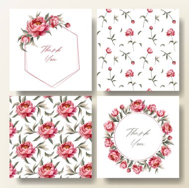 Tebrik kartı seti ve suluboya şakayık desenli, düğün davetiyesi. Şakayık çerçeve. 