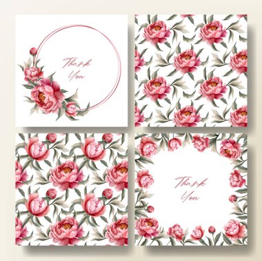 Tebrik kartı seti ve suluboya şakayık desenli, düğün davetiyesi. Şakayık çerçeve. 