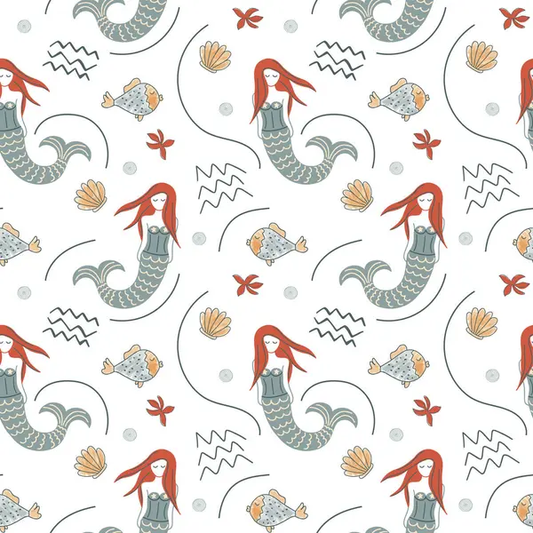 Cute Simple Pattern Sea Doodle Elements Seamless Background Sketch Mermaid — Stock Vector