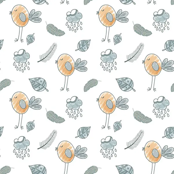 Schattig Eenvoudig Patroon Met Doodle Elementen Naadloze Achtergrond Monochrome Vogels — Stockvector