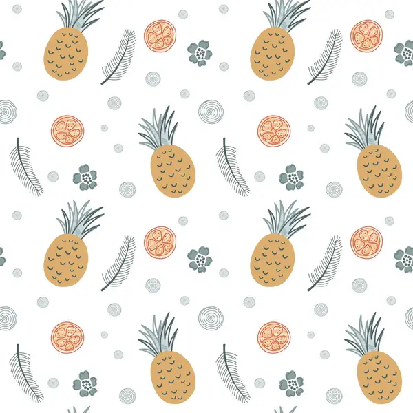 パイナップルとオレンジのシームレスな背景 トロピカルな落書きのフルーツとかわいいシンプルなパターン — ストックベクタ