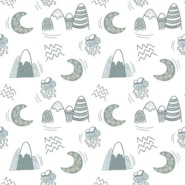 かわいい シンプルなパターン 保育園の落書き要素 山と月のシームレスな背景 — ストックベクタ