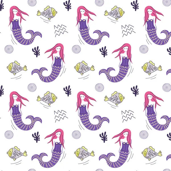 Cute Simple Pattern Sea Doodle Elements Seamless Background Sketch Mermaid — Stock Vector