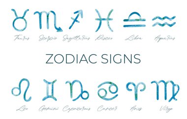 Suluboya astroloji işaretleri koleksiyonu. El çizimi suluboya fırça burç işaretleri.