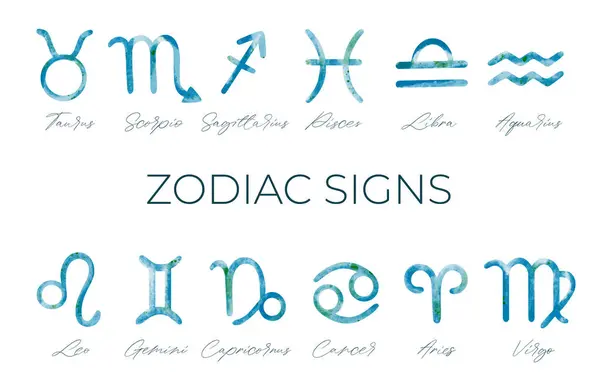 Collection Watercolor Astrology Signs Set Hand Drawn Watercolor Brush Zodiac — Stock Vector