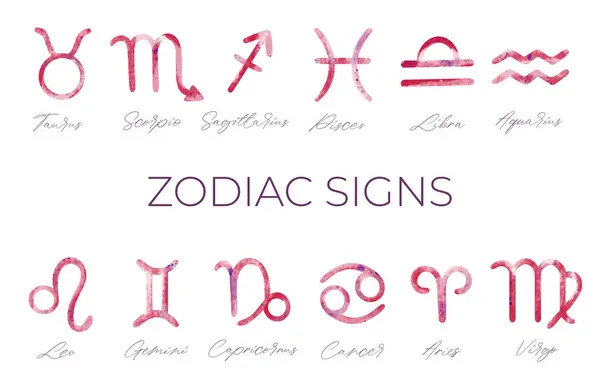 Insamling Akvarell Astrologi Tecken Uppsättning Handritade Akvarell Borste Zodiak Tecken — Stock vektor