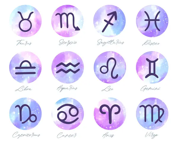 Joukko Käsin Piirretty Akvarelli Harja Horoskooppi Kokoelma Akvarelli Astrologia Merkkejä — vektorikuva