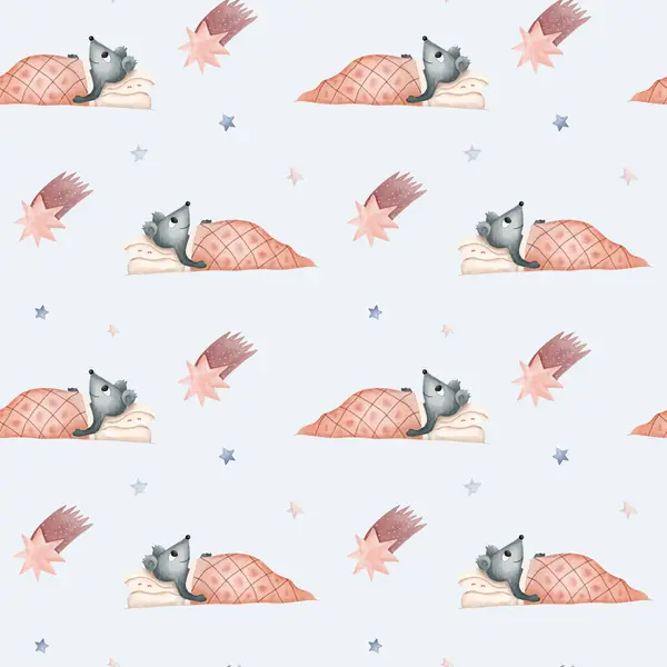 水彩色睡眠マウスでシームレスなパターン かわいい子供っぽい背景 ウォーターカラーマウスの壁紙 — ストックベクタ