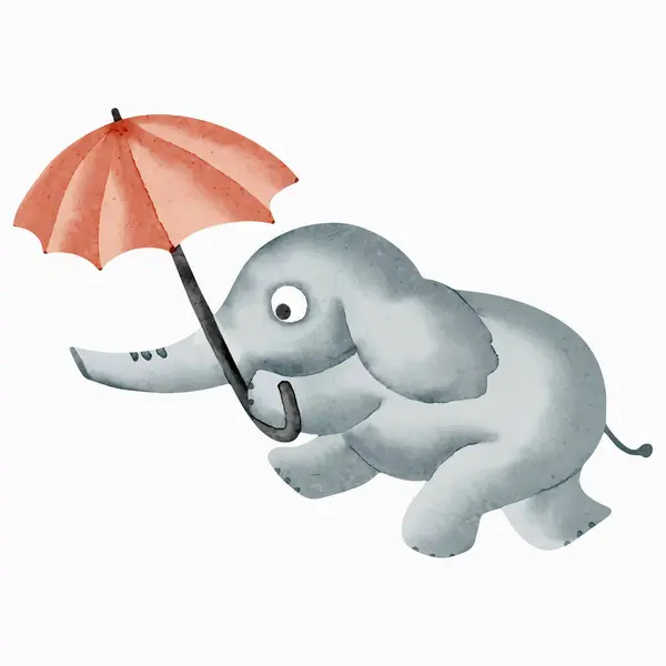 Elefante Acquerello Con Ombrello Animali Piccoli Disegnati Mano Illustrazione Acquerello — Vettoriale Stock