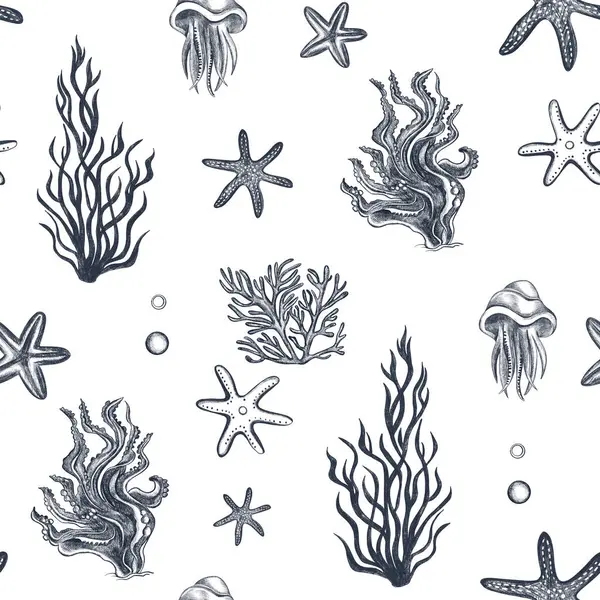 Undervattenssömlös Bakgrund Simmar Sjöstjärna Korall Manet Skiss Undervattensmönster För Marint — Stockfoto