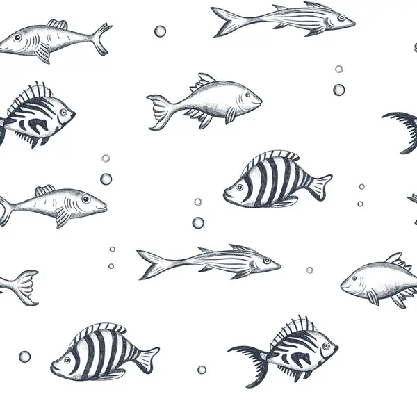 Undersea, fish seamless background. Swimming fish sketch. Underwater marine life pattern.