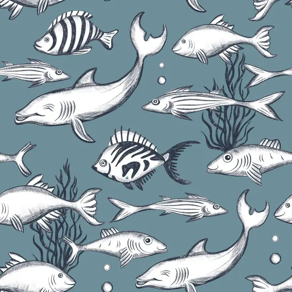 Fish seamless pattern. Swimming fish pencil sketch. Underwater marine life background