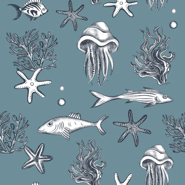 Undersea seamless background. Swimming fish. starfish,  coral, jellyfish sketch. Underwater marine life pattern.