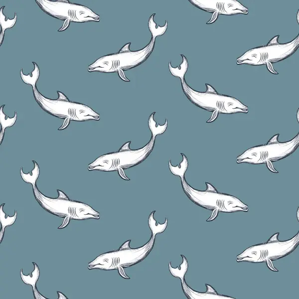 Dolphin seamless background. Swimming fish sketch pattern. Underwater marine life pattern.