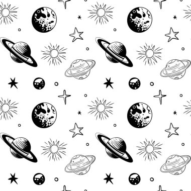 Gezegenler ve yıldızlarla tek renkli, pürüzsüz desen. Uzay arkaplanı. El çizimi uzay elementleri.