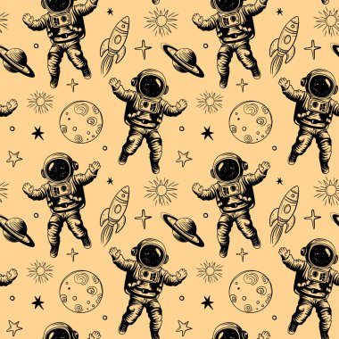 Gezegenler ve astronotlarla tek renkli, pürüzsüz desen. Uzay arkaplanı. Boşluk elemanları.