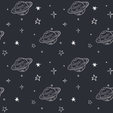 Yıldızlı ve gezegenli tek renkli kusursuz desen. Uzay arkaplanı. Boşluk elemanları.