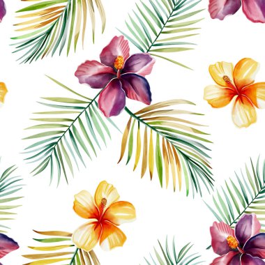 Egzotik çiçekler ve yapraklarla suluboya deseni. Kusursuz botanik desen. Tropik arkaplan. 