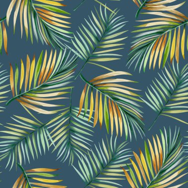 Egzotik çiçekler ve yapraklarla suluboya deseni. Kusursuz botanik desen. Tropik arkaplan. 