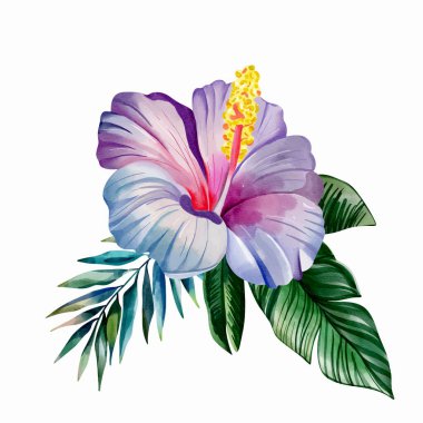 Suluboya tropikal çiçekler. Mor. Renkli yapraklı vektör buketi. Egzotik yapraklar, yabani çiçekler.. 