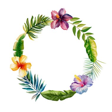 Parti davetiyeleri, posterler ve düğün için palmiye yapraklı tropik çelenkler. Suluboya egzotik çerçeve