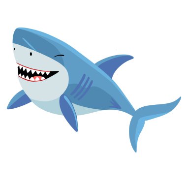 Çizgi film balık karakteri. Komik köpekbalığı. Comic Sharks duyguları. Köpekbalığı maskotu. Vektör karikatür tarzı balık