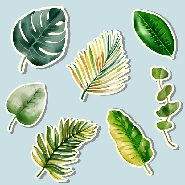 stock vector Sticker set of exotic leaves. Watercolor tropical leaves. Hand drawn floral stickers. Palm leaves. 