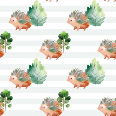 Kirpi ve ağaçlarla şirin, pürüzsüz bir desen. Orman yaban hayatı geçmişi. Suluboya ormanlık