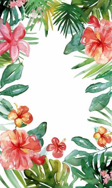 Tropikal çiçekler ve palmiye yapraklarıyla suluboya çerçeve. Yaz dönemi geçmişi. Vektör orman illüstrasyonu