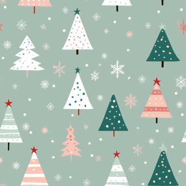 Pastel renklerde elle çizilmiş Noel ağaçlarıyla kusursuz bir desen. Noel süsü