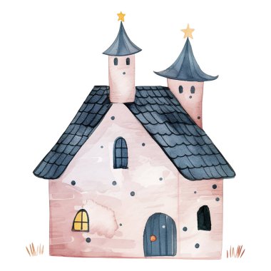 Şirin suluboya kale. İskandinav çocuksu evi. Peri evleri. Suluboya, saray, krallık. 