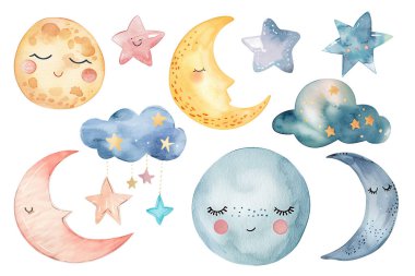 Bir dizi suluboya ay ve yıldız. Hassas, sihirli çocuksu dekorasyon. Peri çizimi, pastel renk. 