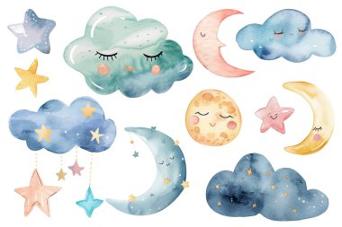 Suluboya bulutları, yıldızlar ve ay. Duvar kağıdı çıkartmaları. Çocukça bir fantezi çizimi. Çocuk odası dekorasyonu..