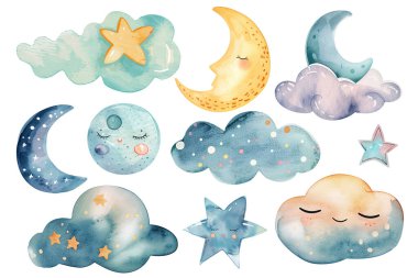Suluboya bulutları, yıldızlar ve ay. Duvar kağıdı çıkartmaları. Çocukça bir fantezi çizimi. Çocuk odası dekorasyonu..