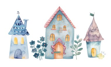 Peri suluboya evleri. Bir grup İskandinav çocuk evi. Şirin suluboya çizimi