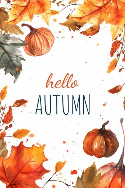 Sonbahar arkaplanı suluboya yapraklar ve balkabağı. Merhaba sonbahar. Sonbahar sezonu. Tebrik kartı ya da davet
