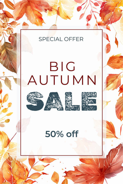 Autumnal sale banner. Fall season frame. Watercolor background with discount text. Autumnal template, poster, invitation, voucher.