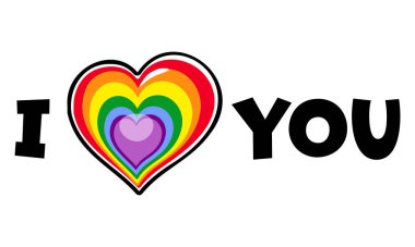 Kalbin içinde gökkuşağı bayrağı. Ben de seni seviyorum. LGBT gay gururunun sembolü, vektör illüstrasyonu. LGBT topluluk simgesi, etiket.
