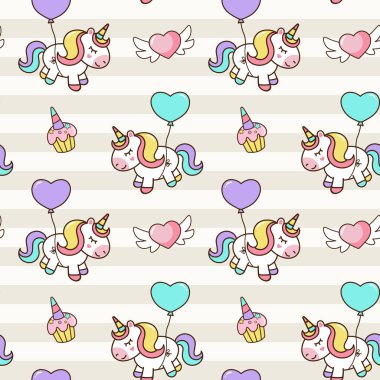 Doğum günü partisi geçmişi çizgi film tarzında. Şirin tek boynuzlu atların kusursuz deseni. 