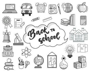 Okul ikonlarına geri dönelim. Monokrom okul ikonlarının vektör seti. Çizgi film ikonları eğitimi, okul.