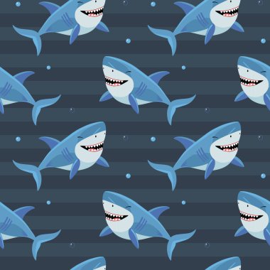 Komik balık karakterleri. Çizgi film köpekbalıklarıyla kusursuz desen. Köpekbalığı vektör arkaplanı. 