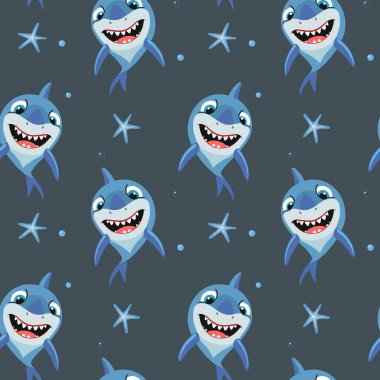 Komik balık karakterleri. Çizgi film köpekbalıklarıyla kusursuz desen. Köpekbalığı vektör arkaplanı. 