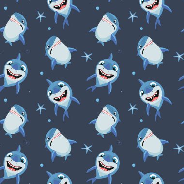 Çizgi film köpekbalıklarıyla kusursuz desen. Köpekbalığı vektör geçmişi. Komik balık karakterleri