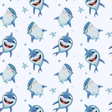 Çizgi film köpekbalıklarıyla kusursuz desen. Köpekbalığı vektör geçmişi. Komik balık karakterleri