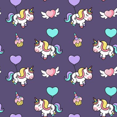 Doğum günü partisi geçmişi çizgi film tarzında. Şirin tek boynuzlu atların kusursuz deseni. 